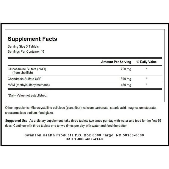 Препарат для суглобів та зв'зок Swanson Glucosamine, Chondroitin & MSM 250/200/150 mg 120 Tabs SWA-11009 - Фото 2 Препарат для суглобів та зв'зок Swanson Glucosamine, Chondroitin & MSM 250/200/150 mg 120 Tabs SWA-11009 - зображення 2