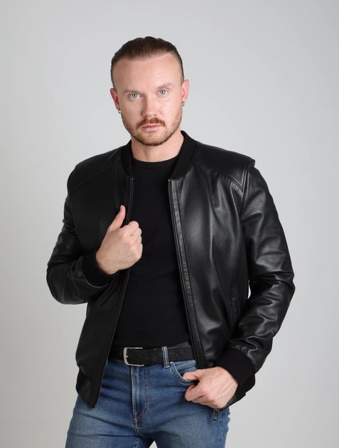 Чоловічий шкіряний бомбер з преферованої шкіри. 100% натуральна шкіра. Літо, весна, осінь, демісезон Actors A-08 чорний perfore 4XL - изображение 5