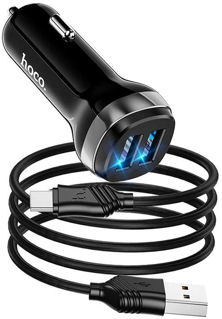 Автомобильное зарядное устройство Hoco Z40 2.4A порты 2 USB + кабель USB-TypeC Black (33686) - изображение 3