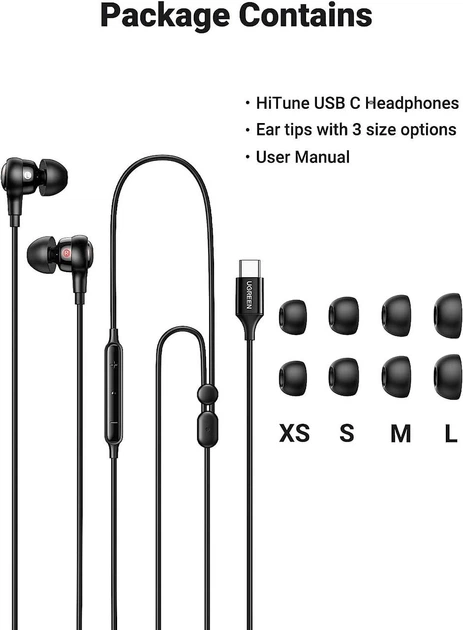 Проводные наушники-вкладыши Type C UGREEN HiTune с регулятором громкости и микрофоном Black (EP103) - Фото 8 Проводные наушники-вкладыши Type C UGREEN HiTune с регулятором громкости и микрофоном Black (EP103) - изображение 8