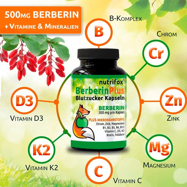 Берберин (цинк, хром, магний, B12, B6, фолиевая кислота) 500 мг Nutrifox – 120 капсул - изображение 2