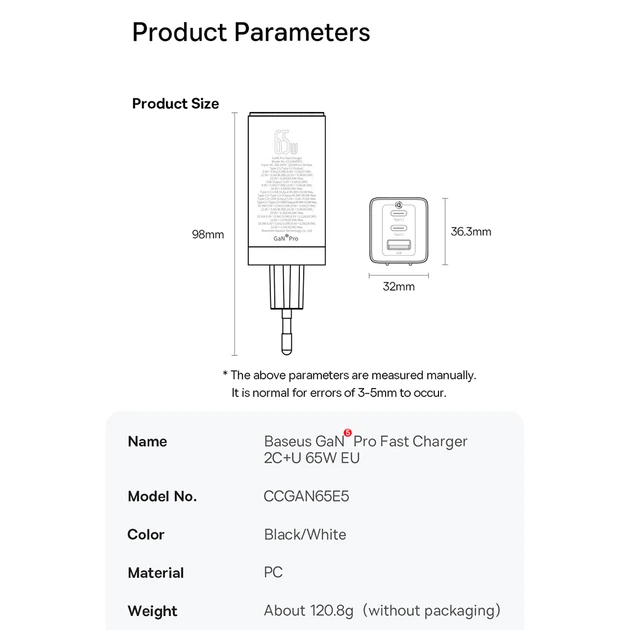 Сетевое зарядное устройство Baseus GaN5 Pro 65W (2xType-C+USB) Черный (1013-023-00) - изображение 6