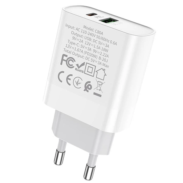 Мережевий зарядний пристрій (МЗП) HOCO C80A Plus Rapido PD20W+QC3.0 (1Type-C/1USB) White - Фото 4 Мережевий зарядний пристрій (МЗП) HOCO C80A Plus Rapido PD20W+QC3.0 (1Type-C/1USB) White - изображение 4