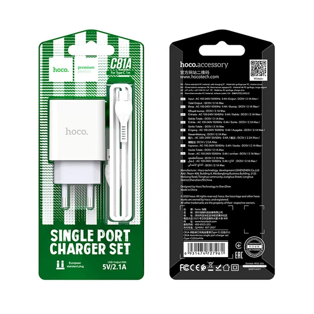 Мережевий зарядний пристрій (МЗП) HOCO C81A (1USB/2.1A) + Type-C Білий - изображение 6