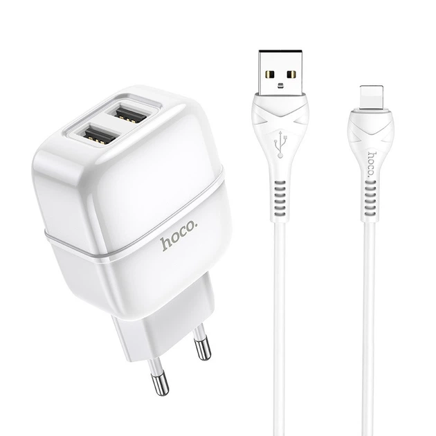 Мережевий зарядний пристрій (МЗП) Hoco C77A (2USB/2.4A) + Lightning Білий - изображение 10