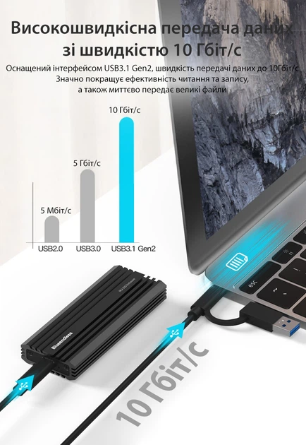 Зовнішня портативна кишеня для M.2 SSD NVMe (PCIe) / NGFF (Sata) Type-C USB 3.1 Gen 2 Blueendless 2807SN - зображення 4