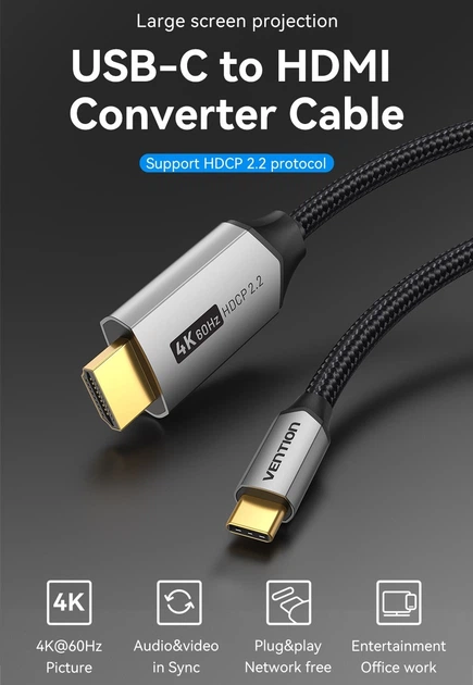 Кабель Type-C-HDMI 2.0 4K 60Hz HDCP 2.2 Thunderbolt 3 Vention Cotton Braided 1.5m Grey (CRBBG) - Фото 9 Кабель Type-C-HDMI 2.0 4K 60Hz HDCP 2.2 Thunderbolt 3 Vention Cotton Braided 1.5m Grey (CRBBG) - зображення 9