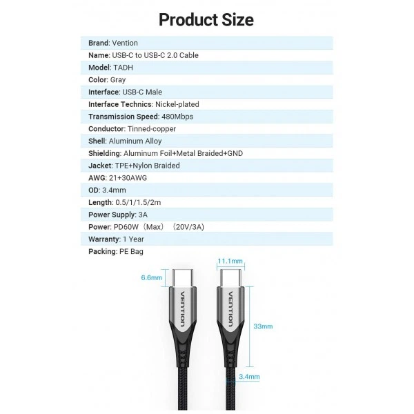 Кабель Type-C-Type-C Vention TPE Nylon PD 60W 3A 480Mps Nickel-Plated 1m Grey (TADHF) - Фото 2 Кабель Type-C-Type-C Vention TPE Nylon PD 60W 3A 480Mps Nickel-Plated 1m Grey (TADHF) - зображення 2
