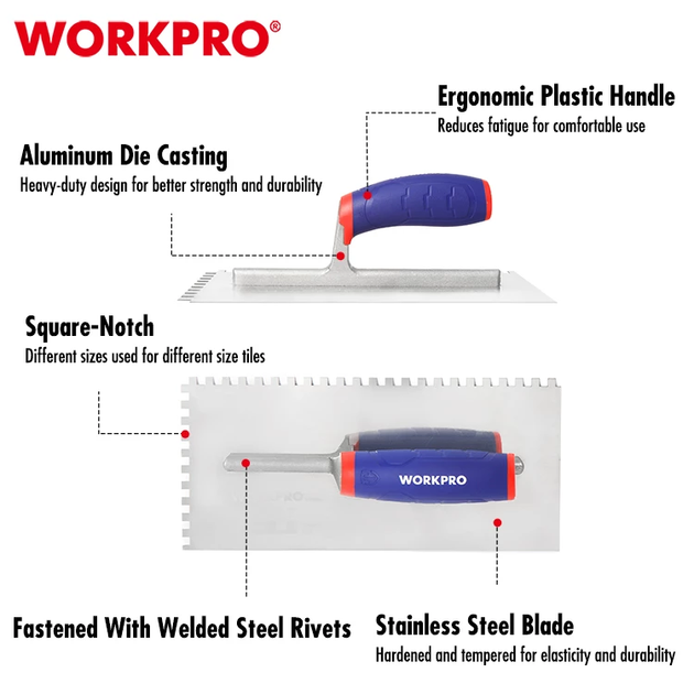 Гладилка зубчаста WORKPRO 8*8 мм, 280×130 мм, нержавіюча сталь, м'яка ручка PRO WP323002 - Фото 5 Гладилка зубчаста WORKPRO 8*8 мм, 280×130 мм, нержавіюча сталь, м'яка ручка PRO WP323002 - зображення 5