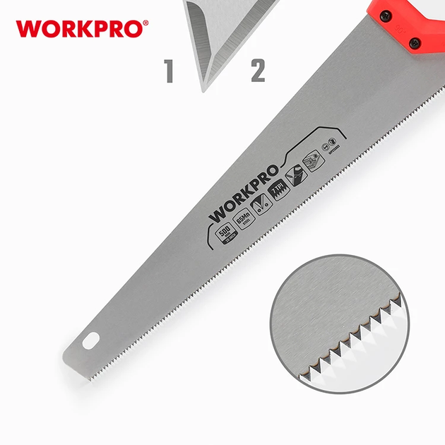 Ножівка по дереву WORKPRO 500 мм 7TPI WP215003 - Фото 3 Ножівка по дереву WORKPRO 500 мм 7TPI WP215003 - зображення 3