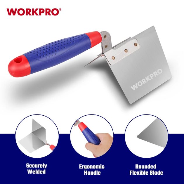 Шпатель для зовнішніх кутів WORKPRO 89×60.5 мм, нержавіюча сталь, м'яка ручка PRO WP323018 - Фото 5 Шпатель для зовнішніх кутів WORKPRO 89×60.5 мм, нержавіюча сталь, м'яка ручка PRO WP323018 - зображення 5