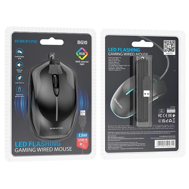 Дротова Миша BOROFONE BG10 з підсвічуванням |USB, 1.5M, 1000dpi| Мишка для ПК та Ноутбуків | Чорна - зображення 8