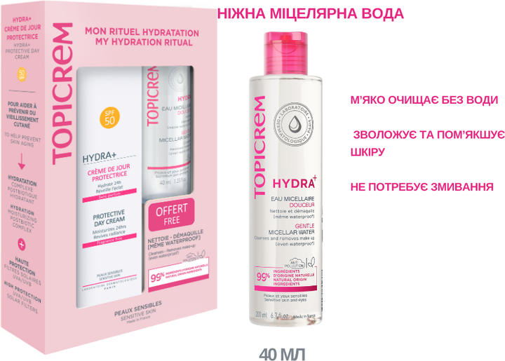 Набор Topicrem Hydra+ Защитный дневной крем spf 50+ 40 мл + Нежная мицеллярная вода 40 мл (3700281705201) - изображение 4