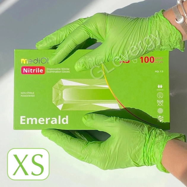 Рукавички нітрилові Mediok Emerald розмір XS зеленого кольору 100 шт - зображення 1