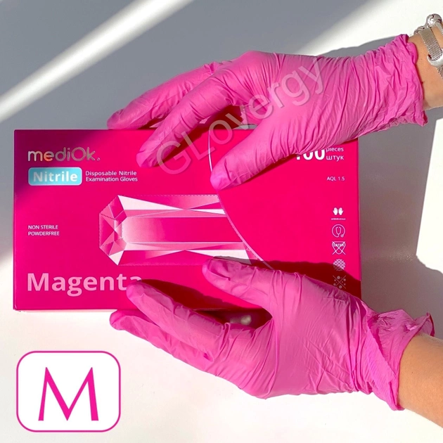Перчатки нитриловые Mediok Magenta размер M ярко розового цвета 100 шт - изображение 1
