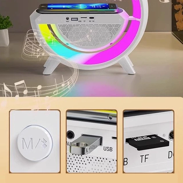 Беспроводная Bluetooth Колонка Borofone DR08 с Беспроводной Зарядка Телефона |RGB,BT 5.1,AUX,TF,USB, 3h| Белая - Фото 10 Беспроводная Bluetooth Колонка Borofone DR08 с Беспроводной Зарядка Телефона |RGB,BT 5.1,AUX,TF,USB, 3h| Белая - изображение 10