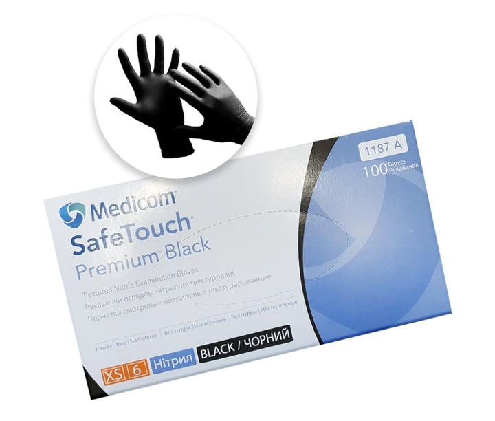 Рукавички нітрилові Medicom упаковка - 50 пар, розмір XS (без пудри), щільність 5 г, чорні - зображення 1