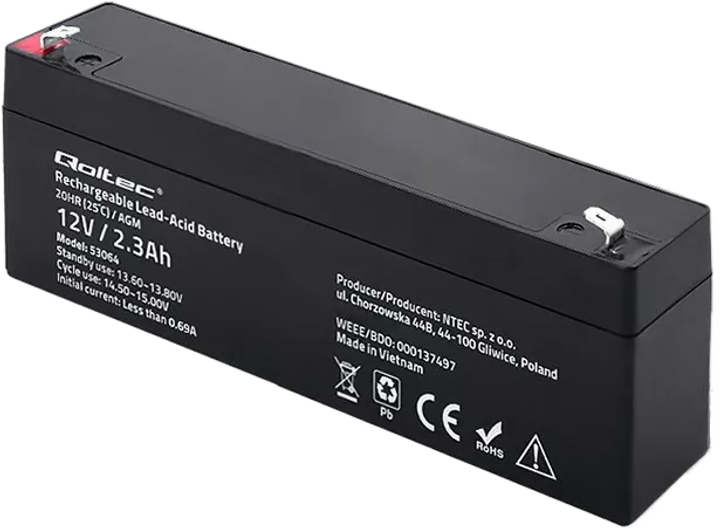 Акумуляторна батарея Qoltec AGM 12V-2.3Ah 34.5A (5901878530642) - зображення 2