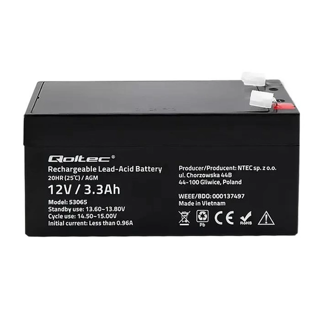 Akumulator Qoltec AGM 12V-3.3Ah 49.5A (5901878530659) - obraz 2