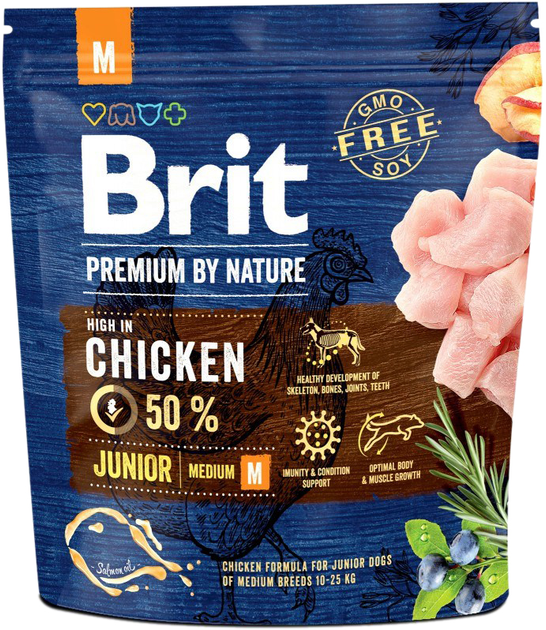 Sucha karma dla psów Brit Premium By Nature Junior M Medium 1 kg (8595602526314) - obraz 1