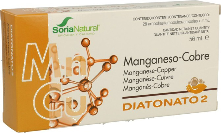 Suplementacja mineralna diety Soria Diatonato 2 Mangan-Cobre 28 Ampollas X 2ml (8422947170301) - obraz 1