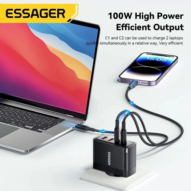 Сетевое зарядное устройство Essager 100W GAN (2xType-C + 2xUSB-A) ES-CD37 черное - изображение 4