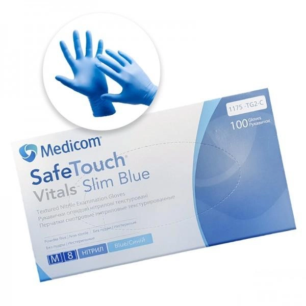 Перчатки нитриловые Medicom упаковка 50 пар размер M без пудры плотность 3 г синие (8718007913644) - изображение 1