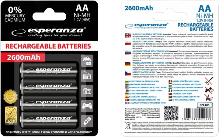 Акумулятори Esperanza NI-MH AA 2600 mAh 4шт. чорні (5901299922552) - зображення 1