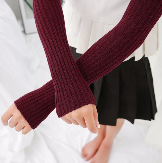 Мітенки довгі в рубчик бордові One Size - зображення 3