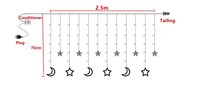 Гирлянда светодиодная штора Звезды Месяц 138 led, 2.5м ширина, теплый ...