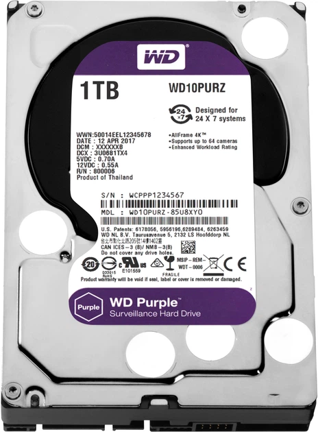 Жорсткий диск Western Digital Purple 1TB 64MB 5400rpm WD10PURZ 3.5 SATA III - Фото 1 Жорсткий диск Western Digital Purple 1TB 64MB 5400rpm WD10PURZ 3.5 SATA III - зображення 1