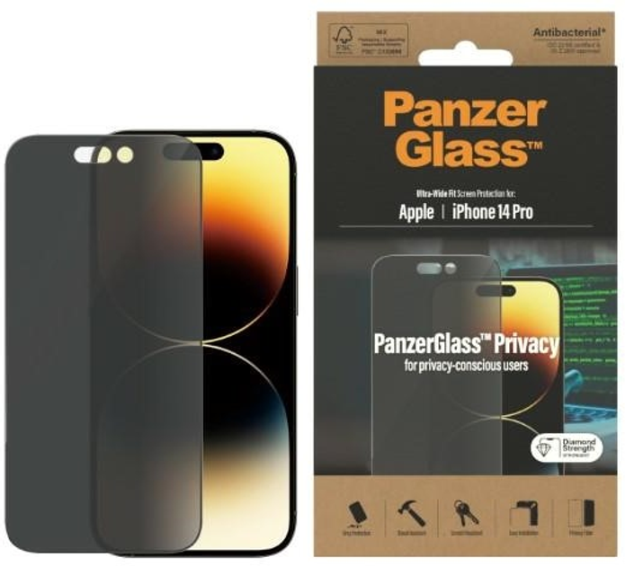 Захисне скло Panzer Glass Ultra-Wide Fit для Apple iPhone 14 Pro антибактеріальне (5711724127724) - зображення 1