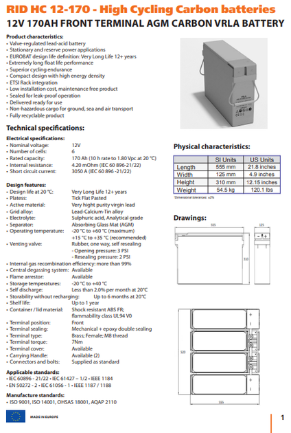 Акумуляторна батарея для ДБЖ RID HC 12V 170Ah (RID HC 12-170) - Фото 3 Акумуляторна батарея для ДБЖ RID HC 12V 170Ah (RID HC 12-170) - зображення 3