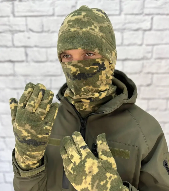 Набор мужской военный зимняя шапка, перчатки, хомут цвет пиксель - изображение 1