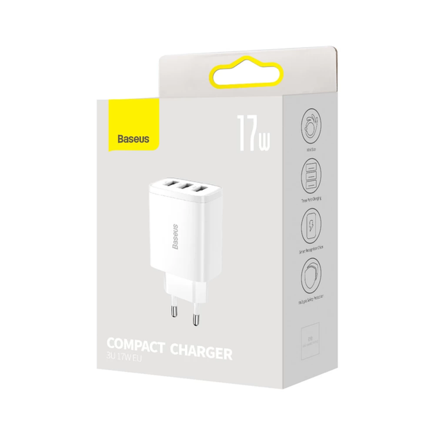Мережевий зарядний пристрій Baseus Compact Charger 3U 17W EU White (CCXJ020102) - Фото 2 Мережевий зарядний пристрій Baseus Compact Charger 3U 17W EU White (CCXJ020102) - изображение 2