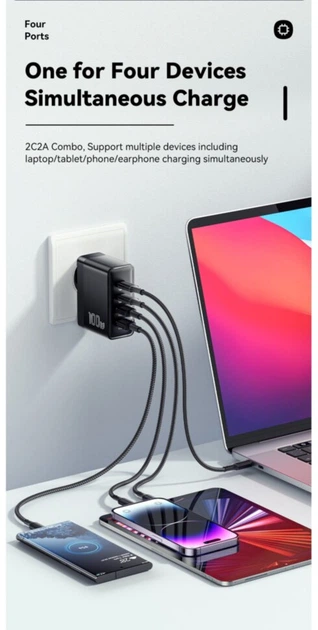 Зарядний пристрій Essager 100W GaN PPS PD+QC4.0 Multi USB 4-ports (2USB + 2 Type-C) для ноутбука планшета смартфона та ін. ( white ) - Фото 2 Зарядний пристрій Essager 100W GaN PPS PD+QC4.0 Multi USB 4-ports (2USB + 2 Type-C) для ноутбука планшета смартфона та ін. ( white ) - зображення 2