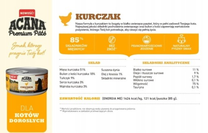 Mokra karma ACANA Premium PATE CHICKEN dla kotów wszystkich ras 8 x 85 g (0064992719883) - obraz 2