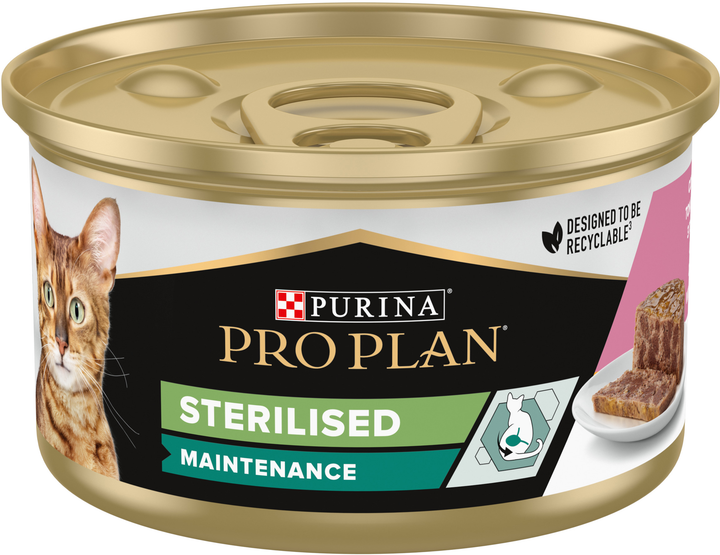 Упаковка вологого корму для дорослих кастрованих котів Purina Pro Plan Sterilised, шматочки в паштеті, з тунцем та лососем 24 шт х 85 г (7613033568565/8445290173270) - зображення 2