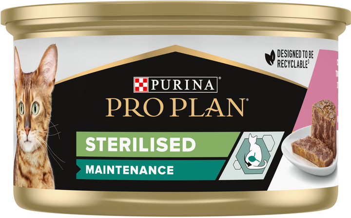 Упаковка вологого корму для дорослих кастрованих котів Purina Pro Plan Sterilised, шматочки в паштеті, з тунцем та лососем 24 шт х 85 г (7613033568565/8445290173270) - зображення 3