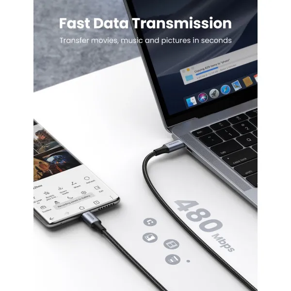 Кабель UGREEN US316 USB-C to USB-C 2.0 Cable 100W Alu Case with Braid 1.5m (Space Gray) (UGR-70428) (UGR-70428) - изображение 5