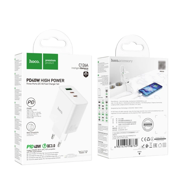 Мережевий зарядний пристрій Hoco C126A USB/ 2 Type-C PD 40W біле + кабель Type-C to Lightning - Фото 7 Мережевий зарядний пристрій Hoco C126A USB/ 2 Type-C PD 40W біле + кабель Type-C to Lightning - зображення 7