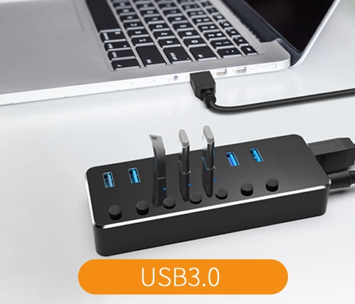 USB хаб RSHTECH RSH-518 USB 3.0 7 портів з блоком живлення hub концентратор алюмінієвий - зображення 2