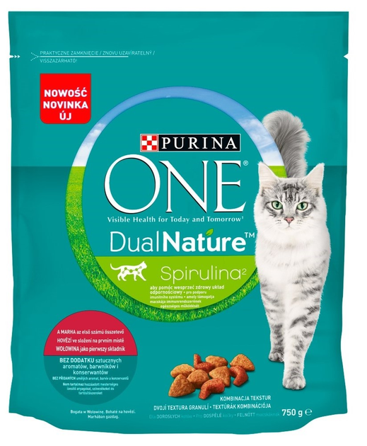Sucha karma dla kotów Purina One Dual Nature Spirulina Wołowina 750 g (7613036254946) - obraz 1