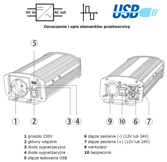 Przetwornica samochodowa AZO Digital IPS-800U 800W ze zmodyfikowaną falą sinusoidalną 24-230V DC-AC (5905279203723) - obraz 5