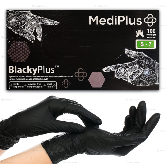 Нитриловые перчатки MediPlus, плотность 3.3 г. - черные BlackyPlus (100 шт) S (6-7) - изображение 1