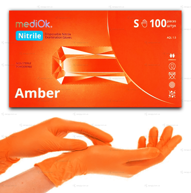Рукавички нітрилові MediOk, щільність 3.8 г. - помаранчеві Amber (100 шт) S (6-7) - зображення 1