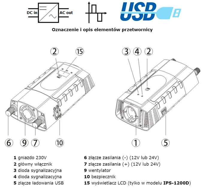 Автомобільний інвертор AZO Digital IPS-1200 1200W з модифікованою синусоїдою 12-230V DC-AC (5905279203679) - зображення 4