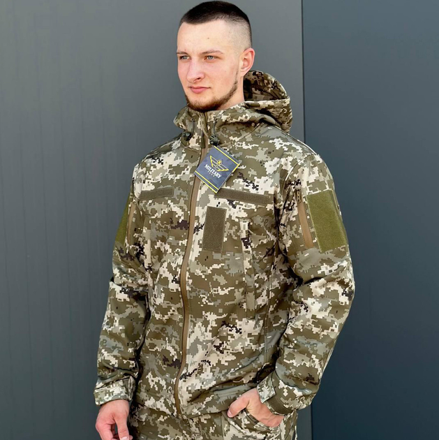 Демисезонная мужская Куртка Softshell на флисе с Капюшоном и Липучками под шевроны пиксель размер M - изображение 1