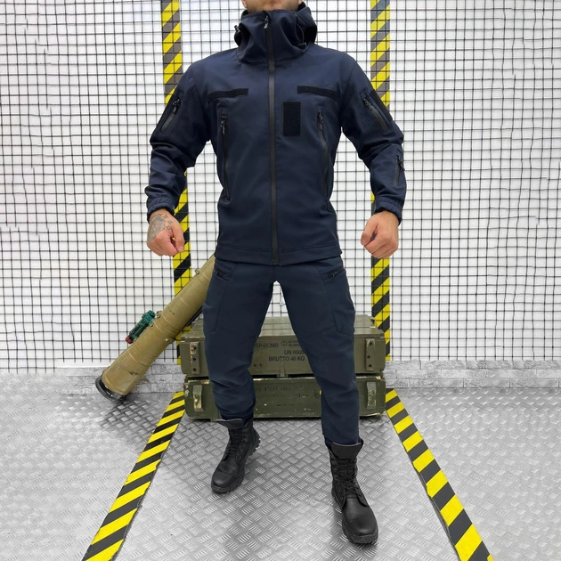 Чоловічий демісезонний Костюм Police Куртка + Штани / Польова форма Softshell синя розмір 2XL - зображення 1