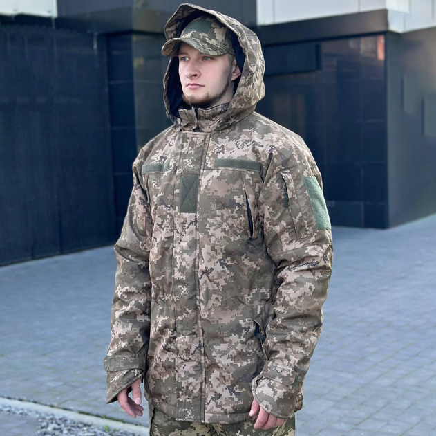 Мужская зимняя Куртка с Липучками под шевроны / Водонепроницаемый Бушлат "Дюспо" пиксель размер M - изображение 1